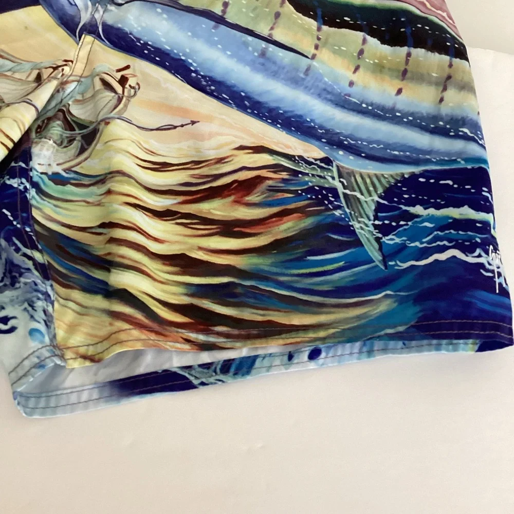 Guy Harvey Santigold Swim Trunks Men’s Size Medium Multi Color Old Man And Sea